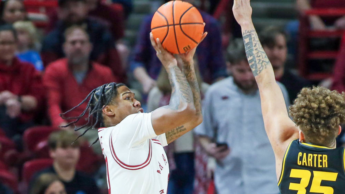 Razorbacks' Khalif Battle puts up shot against Missouri